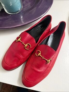 Gucci Red Leather Horsebit Loafers with Gold Hardware